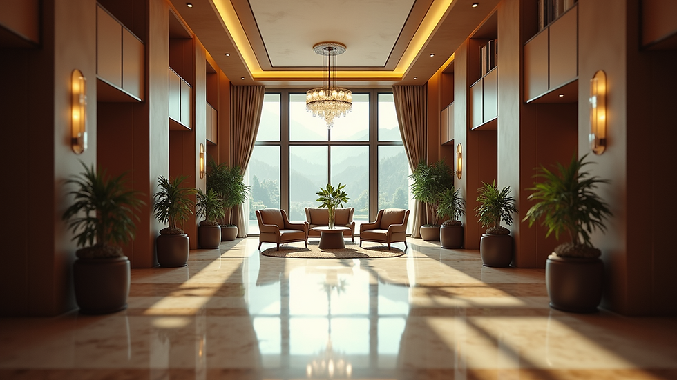 High-angle view of a smart hotel lobby with digital technology