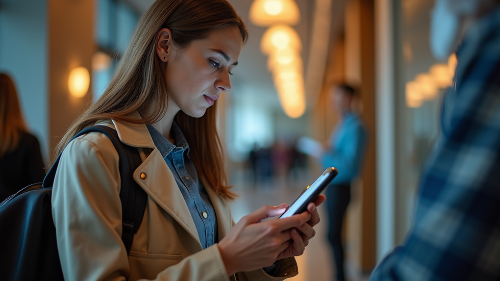 Eye-level view of travelers interacting with smart technology in a hotel